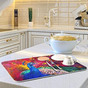 Painting Animal Beautiful Peacock Dish Drying Mat 24"x18" Absorbent Machine Washable Hanging Fast Dry Pad Dish Protective Mat for Kitchen Countertop Heat Resistant Dinner Table Mat
