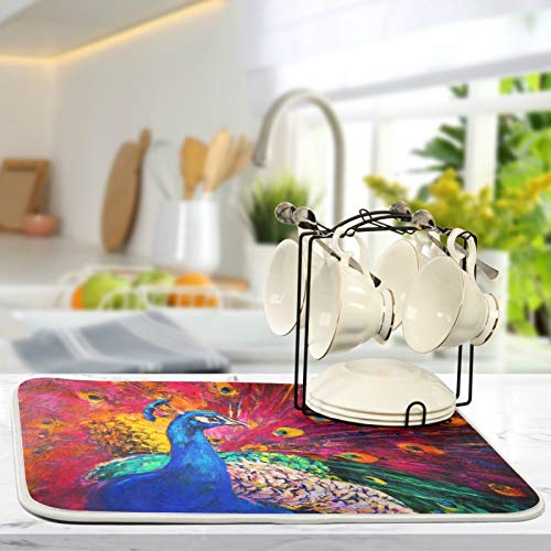 Painting Animal Beautiful Peacock Dish Drying Mat 24"x18" Absorbent Machine Washable Hanging Fast Dry Pad Dish Protective Mat for Kitchen Countertop Heat Resistant Dinner Table Mat
