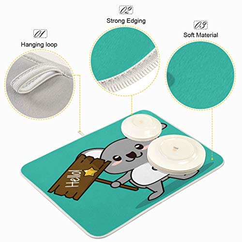 Hello Cute Koala Animal Dish Drying Mat 24"x18" Absorbent Machine Washable Hanging Fast Dry Pad Dish Protective Mat for Kitchen Countertop Heat Resistant Dinner Table Mat