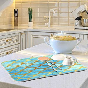 Ocean Mermaid Scales Dish Drying Mat 24"x18" Absorbent Machine Washable Hanging Fast Dry Pad Dish Protective Mat for Kitchen Countertop Heat Resistant Dinner Table Mat