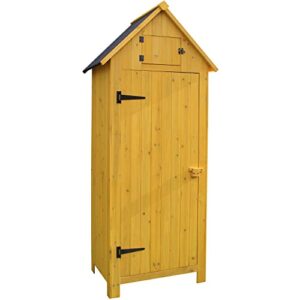 hanover outdoor vertical wooden storage shed for tools, equipment, garden supplies, with shelf and locking latch, 8.7 cu. ft. capacity