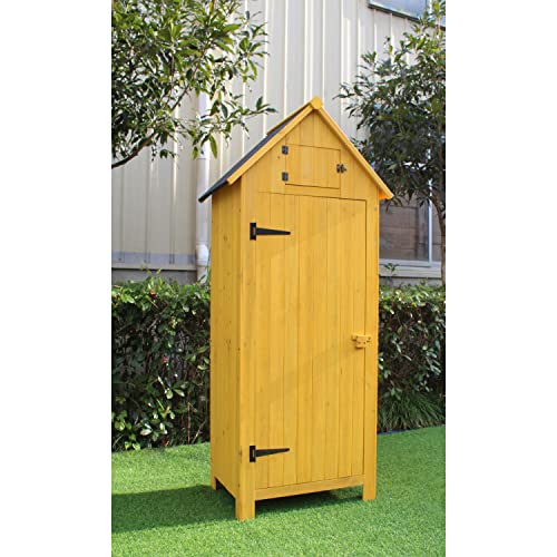 Hanover Outdoor Vertical Wooden Storage Shed for Tools, Equipment, Garden Supplies, with Shelf and Locking Latch, 8.7 cu. ft. Capacity