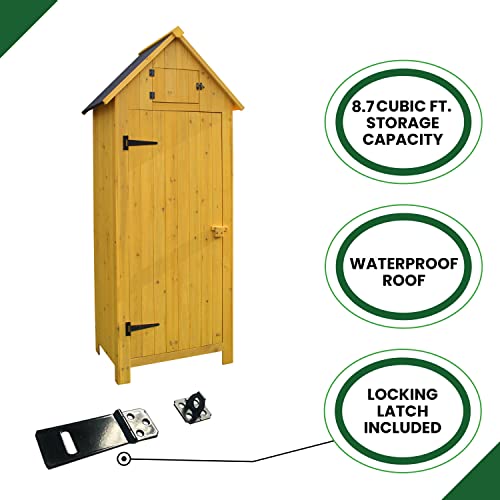 Hanover Outdoor Vertical Wooden Storage Shed for Tools, Equipment, Garden Supplies, with Shelf and Locking Latch, 8.7 cu. ft. Capacity