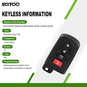 SCITOO Keyless Entry Remote Key Fob Replacement for 4 Buttons Uncut Car Key for Toyota Highlander 2014-2018 1pc FCC HYQ14FBA 314.3MHz