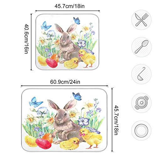 Easter Bunny Flowers Butterfly Chick Dish Drying Mat 24"x18" Absorbent Machine Washable Hanging Fast Dry Pad Dish Protective Mat for Kitchen Countertop Heat Resistant Dinner Table Mat