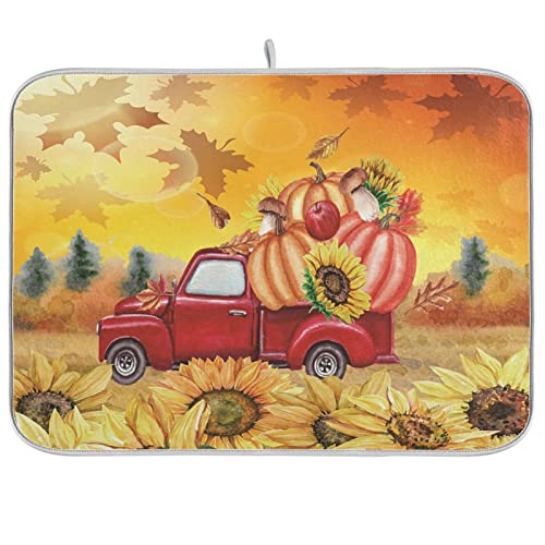 Autumn Truck Dish Drying Mat 18x24 inch Fall Leaves Pumpkin Sunflower Drying Pad Dish Drainer Mat Protector for Kitchen Countertops Counter