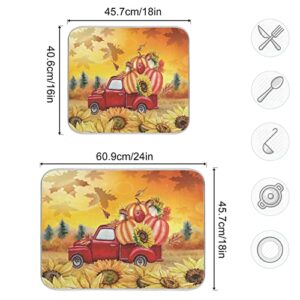 Autumn Truck Dish Drying Mat 18x24 inch Fall Leaves Pumpkin Sunflower Drying Pad Dish Drainer Mat Protector for Kitchen Countertops Counter