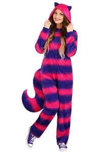 adult cheshire cat one-piece womens, mysterious grinning cat halloween costume, purple and pink animal bodysuit medium