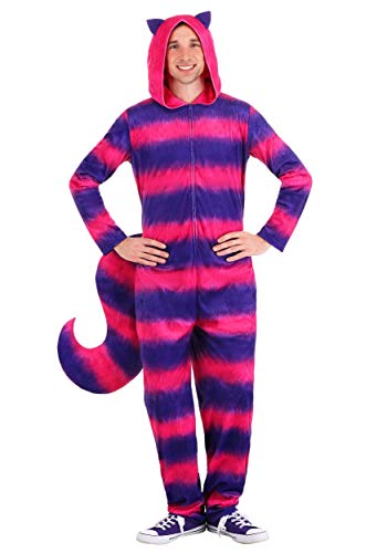 Adult Cheshire Cat One-Piece Womens, Mysterious Grinning Cat Halloween Costume, Purple and Pink Animal Bodysuit Medium
