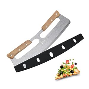 14" premium pizza cutter rocker style akgunda , very sharp stainless steel pizza knife slicer blade with cover, safer with double wooden grip, chopper suitable for cakes all types of crusts