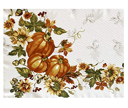 Lintex Stockbridge Pumpkin Harvest Bordered Thanksgiving Placemats, Autumn Fall Leaf, Sunflower and Acorn Border Print Print Easy Care Fabric Placemats, Set of 4 Bordered Placemat