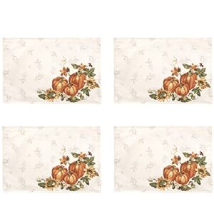 Lintex Stockbridge Pumpkin Harvest Bordered Thanksgiving Placemats, Autumn Fall Leaf, Sunflower and Acorn Border Print Print Easy Care Fabric Placemats, Set of 4 Bordered Placemat