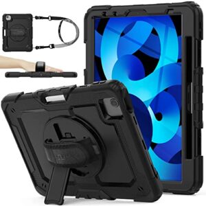 ipad air 5th/4th generation/pro 11 (4th/3rd/2nd) case, seymac stock full-body drop protection case with screen protector pen holder [360° rotate hand strap/stand] for ipad 10.9/11 inch (black)