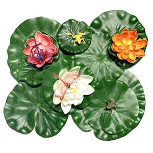 pietypet 15 pieces realistic lily pads artificial water floating foam lotus flowers with artificial dragonfly frog lotus leaves, water lily pads ornaments for pond pool aquarium water decoration