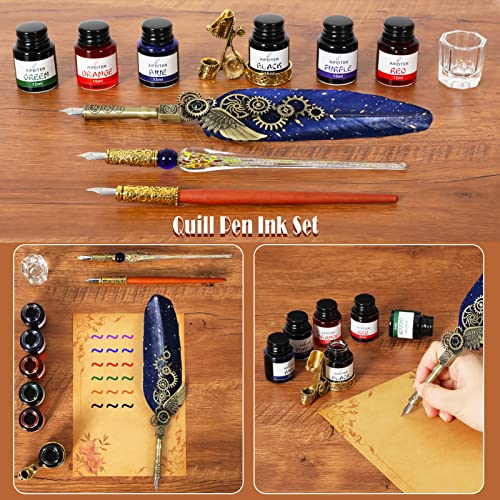 Quill Pen Ink Set-Feather Calligraphy Pen and Ink Set,Includes 6 Bottles of Ink,Quill Pen,Glass Dipping Pen,Wooden Dipping Pen,17 nibs,8 Sheets of Writing Paper,Envelope,Spoon-Blue