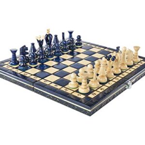 Wooden Folding Chess Set Paris BLUEBERRY Wooden International Board Vintage Carved Pieces - 14"