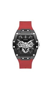 guess mens casual multifunction 43mm watch – black polycarbonate case with black skeleton dial & red silicone strap