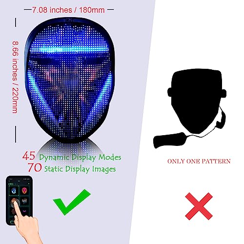 MEGOO Led Mask with Bluetooth Programmable App,Shining Led Light Up Face Mask for Adult Kid Halloween Masquerade Party(Battery)