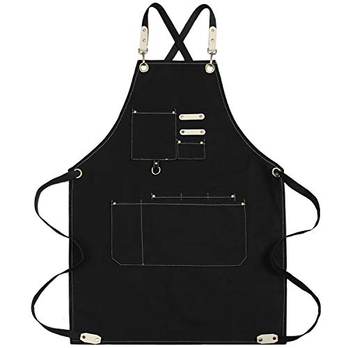 Mactso Chef Apron Water Resistant Canvas Cross Back Adjustable Apron for Men Women(Black)