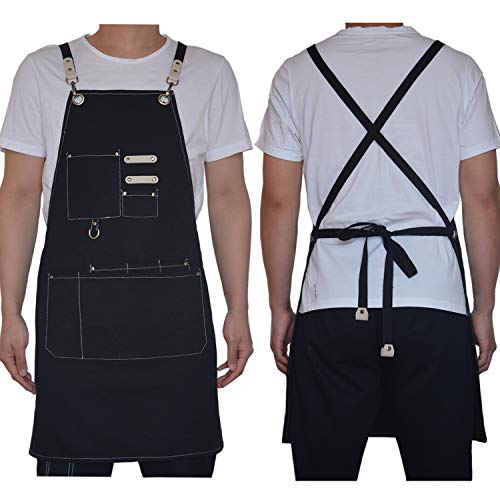 Mactso Chef Apron Water Resistant Canvas Cross Back Adjustable Apron for Men Women(Black)