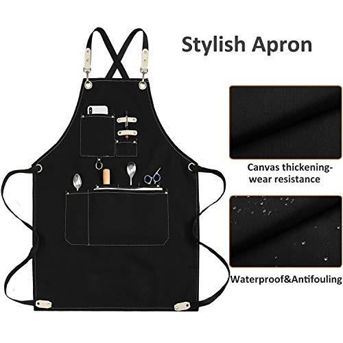 Mactso Chef Apron Water Resistant Canvas Cross Back Adjustable Apron for Men Women(Black)