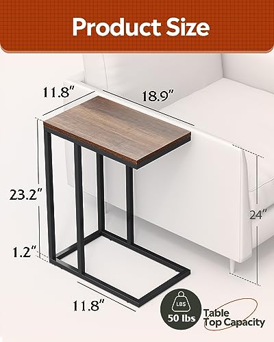 WLIVE Side Table, C Shaped End Table for Couch, Sofa and Bed, Large Desktop C Table for Living Room, Bedroom, Brown