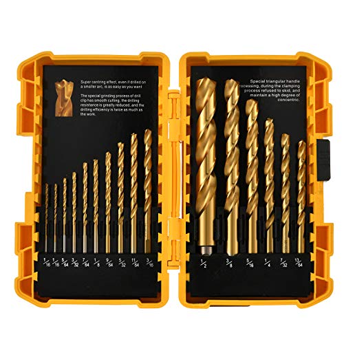 HUAZHICHUN Titanium Twist Drill Bit Set - 16 Pcs Hex Shank High Speed Steel for Wood Plastic Aluminum Alloy, Quick Change, 1/16"-1/2" ，with Indexed Storage Case