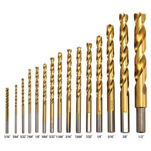 HUAZHICHUN Titanium Twist Drill Bit Set - 16 Pcs Hex Shank High Speed Steel for Wood Plastic Aluminum Alloy, Quick Change, 1/16"-1/2" ，with Indexed Storage Case