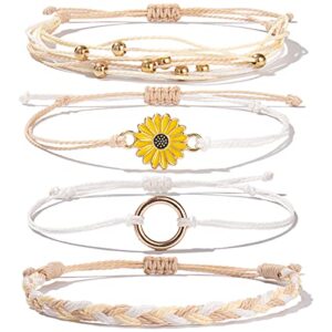 fancy shiny sunflower string bracelet handmade braided rope charms boho surfer bracelet for teen girls women(wheat)