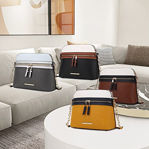 MKF Crossbody Bag for Women – PU Leather Pocketbook Handbag – Designer Side Messenger Purse, Shoulder Crossover Mustard Navy