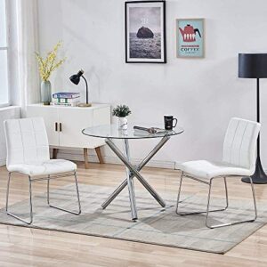 stylifing 3 pieces dining room table set for 2 round clear tempered glass top+2 white faux leather kitchen dining room table and chairs set for 2 person modern kitchen & dining room sets for home
