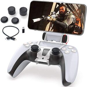 phone mount clip for ps5 controller, for iphone, android with ps remote play with otg usb type c & micro usb cable, 4 thumb grip caps