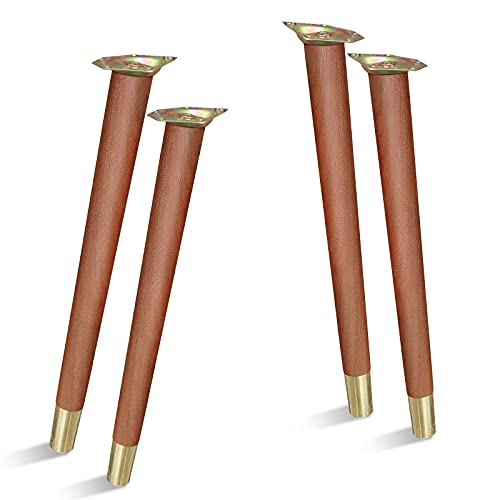 Table Legs 16 inch Wood Furniture Legs with Metal Edge for Coffee Table End Table Mid-Century Modern Style Tapered Round DIY Furniture Legs Accessories Included, Walnut