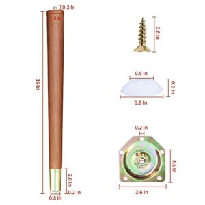 Table Legs 16 inch Wood Furniture Legs with Metal Edge for Coffee Table End Table Mid-Century Modern Style Tapered Round DIY Furniture Legs Accessories Included, Walnut