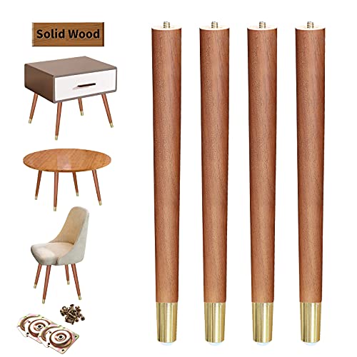 Table Legs 16 inch Wood Furniture Legs with Metal Edge for Coffee Table End Table Mid-Century Modern Style Tapered Round DIY Furniture Legs Accessories Included, Walnut