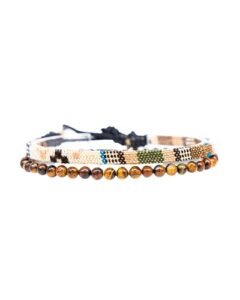 2x boho surfer bracelet set women & men - handmade summer beach bracelets - adjustable & 100% waterproof - festival accessories - beaded & braided (tiger-eyes & safari)