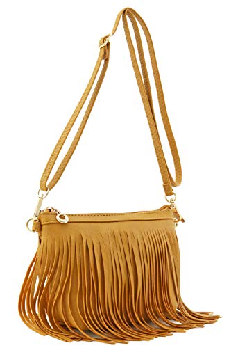 FashionPuzzle Small Fringe Crossbody Bag with Wrist Strap (Dark Mustard)