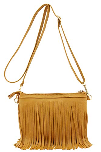 FashionPuzzle Small Fringe Crossbody Bag with Wrist Strap (Dark Mustard)