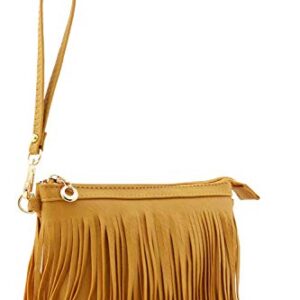 FashionPuzzle Small Fringe Crossbody Bag with Wrist Strap (Dark Mustard)