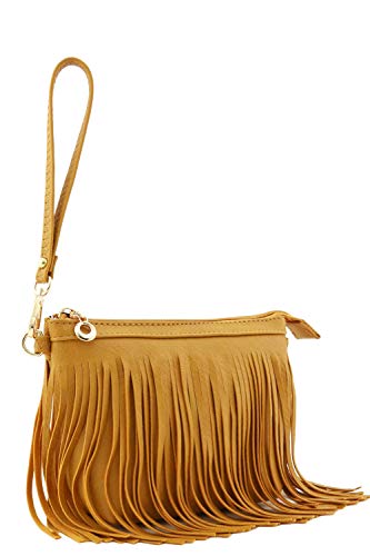 FashionPuzzle Small Fringe Crossbody Bag with Wrist Strap (Dark Mustard)