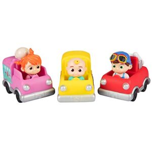cocomelon 3" car vehicle toys 3-pack - officially licensed - includes mini jj, tomtom & yoyo character figures! trucks and bus for toddlers & preschoolers ages 1-3 - great gift for kids, boys & girls