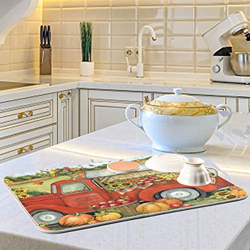 Dish Drying Mats for Kitchen Counter Absorbent Reversible Dishes Drainer Pad Autumn Fall Sunflower Pumpkin 16 x 18 In 2030325