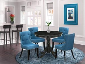east west furniture ansi5-abk-21 5 piece kitchen table & chairs set includes a round room table with pedestal and 4 blue linen fabric parsons dining chairs, 36x36 inch, wirebrushed black