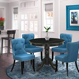 East West Furniture ANSI5-ABK-21 5 Piece Kitchen Table & Chairs Set Includes a Round Room Table with Pedestal and 4 Blue Linen Fabric Parsons Dining Chairs, 36x36 Inch, Wirebrushed Black