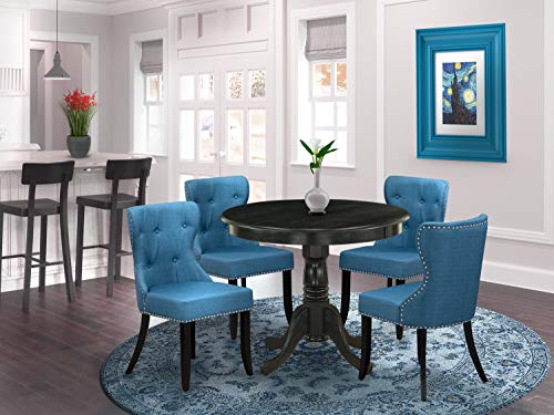 East West Furniture ANSI5-ABK-21 5 Piece Kitchen Table & Chairs Set Includes a Round Room Table with Pedestal and 4 Blue Linen Fabric Parsons Dining Chairs, 36x36 Inch, Wirebrushed Black