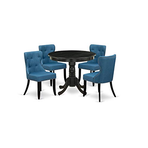 East West Furniture ANSI5-ABK-21 5 Piece Kitchen Table & Chairs Set Includes a Round Room Table with Pedestal and 4 Blue Linen Fabric Parsons Dining Chairs, 36x36 Inch, Wirebrushed Black