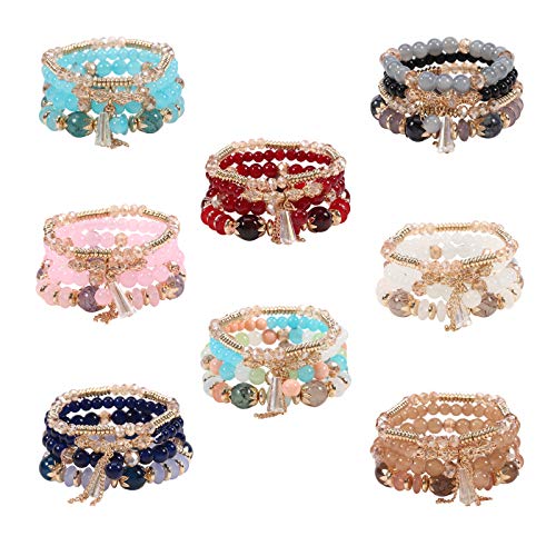 Twinfree 8 Sets Bohemian Stackable Bead Bracelets for Women Multilayered Bracelet Set Pendant Charm Stretch Bangles