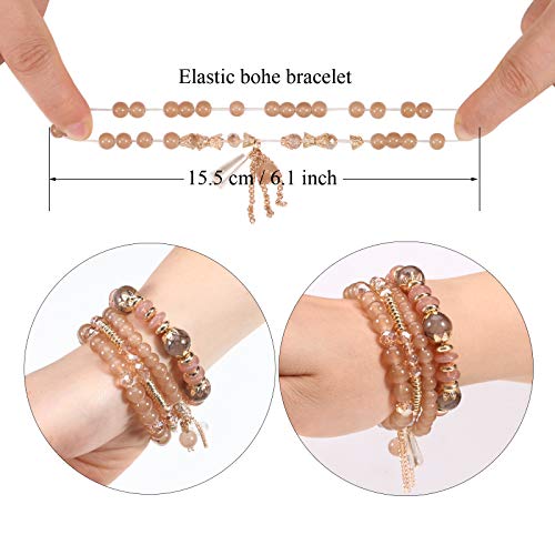 Twinfree 8 Sets Bohemian Stackable Bead Bracelets for Women Multilayered Bracelet Set Pendant Charm Stretch Bangles