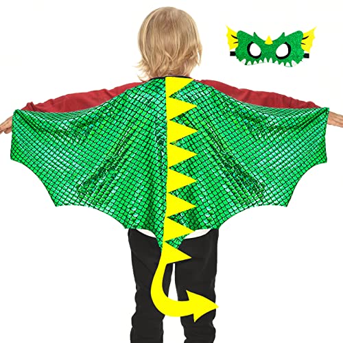 IROLEHOME Dragon-Wings Costume for Kids Mask Dinosaur Dress Up Cape for Boys Girls Halloween-Party Gifts Toys (metallic blue) (metallic green)