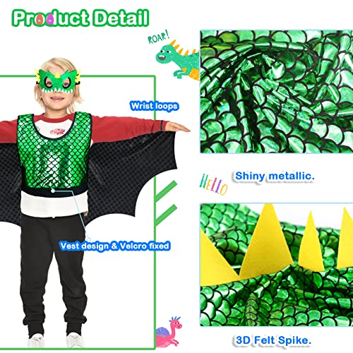 IROLEHOME Dragon-Wings Costume for Kids Mask Dinosaur Dress Up Cape for Boys Girls Halloween-Party Gifts Toys (metallic blue) (metallic green)